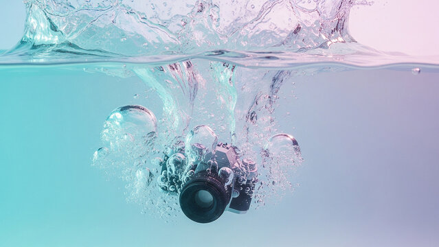 水の中に勢いよく落ちた一眼レフカメラ
