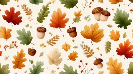 Obraz premium Seamless Autumn Print Pattern Featuring Colorful Leaves, Acorns, and Natural Elements on a Light Background