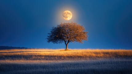 Single tree on grassy hill under full moon in starry night sky, tree casts shadow, surrounding landscape mostly flat with gentle hills. Generative by AI
