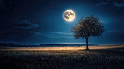 Single tree on grassy hill under full moon in starry night sky, tree casts shadow, surrounding landscape mostly flat with gentle hills. Generative by AI