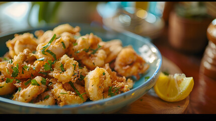 Crispy golden fried calamari rings served with a creamy dipping sauce and fresh parsley Gourmet fried calamari with lime and sauce, Generative AI