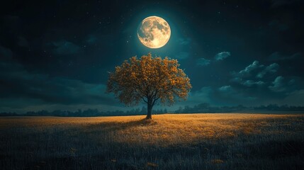 Single tree on grassy hill under full moon in starry night sky, tree casts shadow, surrounding landscape mostly flat with gentle hills. Generative by AI
