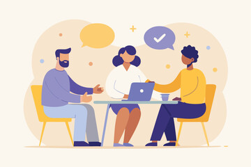 Diverse team of three people collaborating and communicating during a meeting