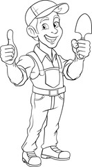 A gardener, farmer or handyman cartoon mascot man holding a gardening tool