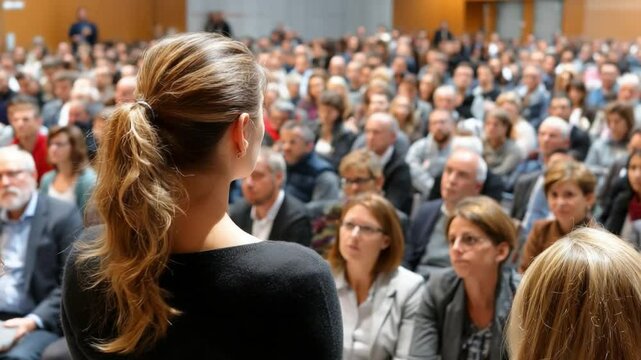 Speaking to the Masses: A poised speaker commands attention from a packed audience in a spacious auditorium, delivering a thought-provoking presentation with poise and authority.