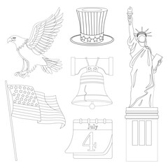 America Independence day symbols outline Black Liberty statue eagle bell flag