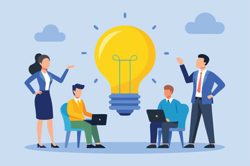 Team brainstorming meeting with a big idea represented by a lightbulb concept