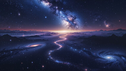 Fototapeta premium Majestic view of the milky way galaxy spanning over a cosmic landscape at twilight.