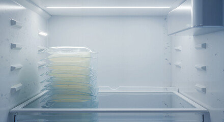 Empty refrigerator with stacked containers in minimalist style  