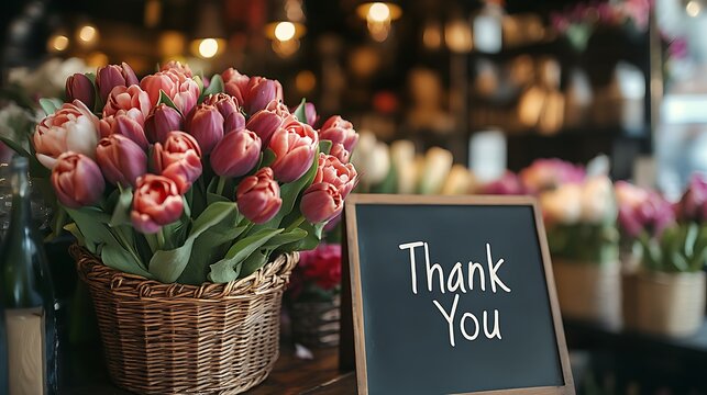 Tulips bouquet with thank you, and flower shop.