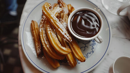 Delicious crispy churros with rich chocolate dipping sauce on a rustic plate overhead A churro, crispy and coated in cinnamon sugar, with a side of chocolate dipping sauce, Generative AI