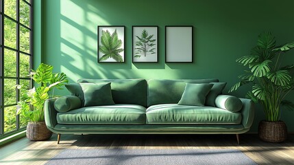 Green living room sunlit sofa plants framed botanical art