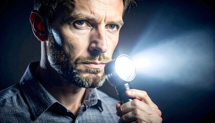Mysterious Person Holding Flashlight with Dramatic Lighting in Dark Room