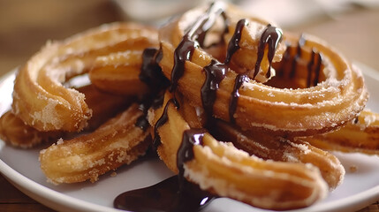Delicious crispy churros with rich chocolate dipping sauce on a rustic plate overhead A churro, crispy and coated in cinnamon sugar, with a side of chocolate dipping sauce, Generative AI