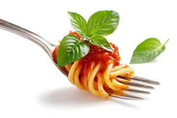 Twirled Spaghetti with Basil and Tomato Sauce on Silver Fork