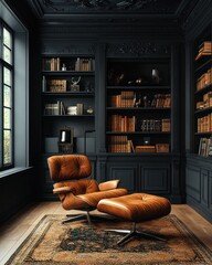 Dark study with leather chair