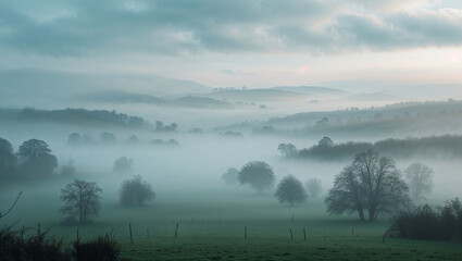 Misty morning landscape with trees and rolling hills captured in atmospheric hues