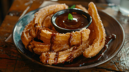 Delicious crispy churros with rich chocolate dipping sauce on a rustic plate overhead A churro, crispy and coated in cinnamon sugar, with a side of chocolate dipping sauce, Generative AI