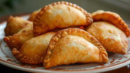 Delicious homemade empanadas served on a plate with dipping sauce accompaniment A plate of Indian empanadas with spices and lights in the background, Generative AI