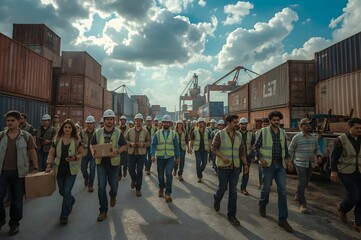 Workers walking in shipping yard
