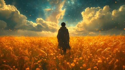 Fototapeta premium Golden Field Dream: A Digital Illustration of a Lone Figure in a Surreal Landscape
