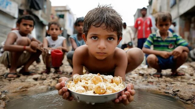 The Gaze of Hunger: A poignant visual of impoverished children, their faces etched with need and resolve. One child extends a bowl of food, a stark reminder of the struggle.
