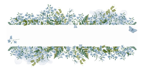 Elegant floral watercolor frame with soft blue veronica flowers, ferns, and butterflies ideal for wedding invitations, stationery, or greeting cards. Horizontal layout with blank center for your text