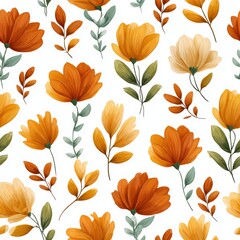 Obraz premium Vibrant Floral Pattern with Leaves and Blooms in Warm Tones for Elegant Backgrounds or Decorations