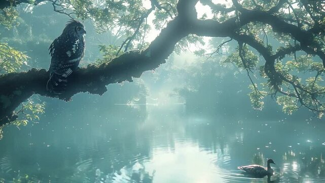 birds perched on the river bank with ducks swimming