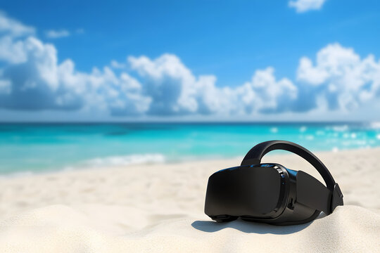 Virtual Reality Headset on Sandy Beach with Ocean View, Modern Technology and Relaxation, Futuristic Travel and Digital Escape Concept

