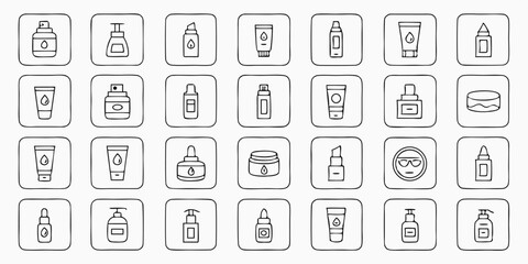 A collection of hand drawn cosmetics icons for beauty and skincare products