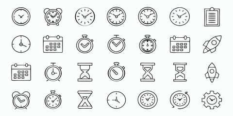 A collection of hand drawn time icons clock alarm clock calendar and stopwatch illustrations