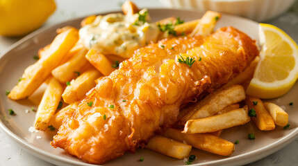 A plate of crispy fish and chips with tartar sauce on the side The delicious fish and chips served with tartar sauce and lemon slices, Generative AI