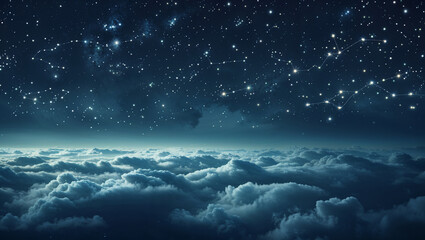 Night sky above the clouds with constellations showcasing a beautiful starry panorama.
