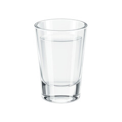 Clear glass shot glass filled with water, set against a plain white background
