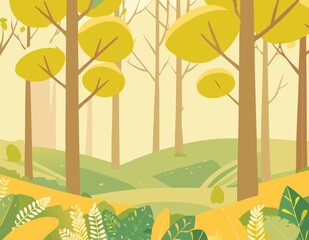 A forest landscape with trees, green grass and bushes