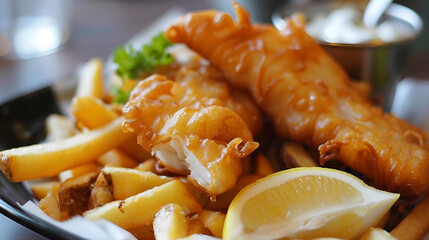 A plate of crispy fish and chips with tartar sauce on the side The delicious fish and chips served with tartar sauce and lemon slices, Generative AI
