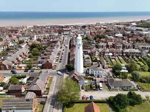 aerial view of  Withernsea Lighthouse Museum. East Yorkshire coast. England