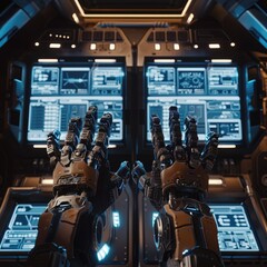 Two robotic hands on the side of an open spaceship window, there is a digital display screen between them, with cinematic lighting