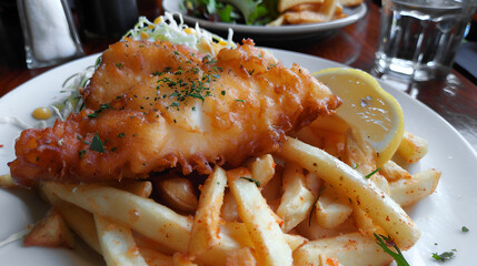 A plate of crispy fish and chips with tartar sauce on the side The delicious fish and chips served with tartar sauce and lemon slices, Generative AI
