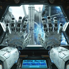 Two robotic hands on the side of an open spaceship window, there is a digital display screen between them, with cinematic lighting