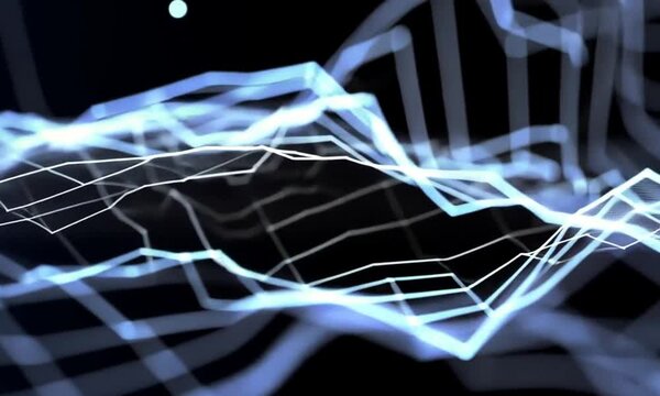 Abstract blue glowing lines form a wave pattern on a dark background