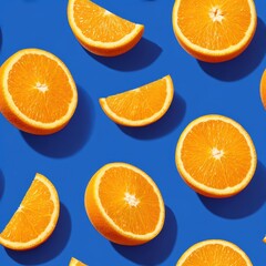 Vibrant Flat Lay Pattern of Sliced Citrus Fruits on Bright Blue Background for Summer Aesthetic