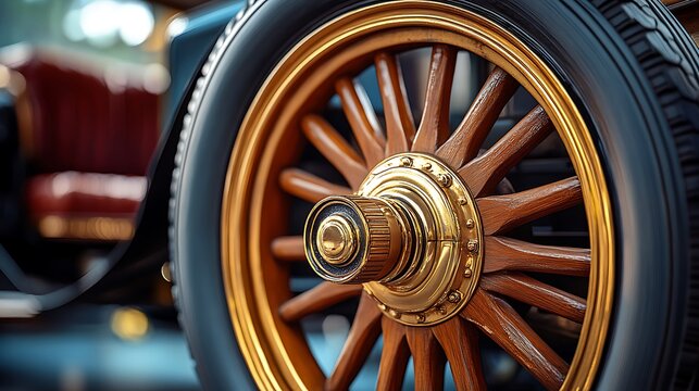Fototapeta Vintage Wooden Car Wheel Closeup.