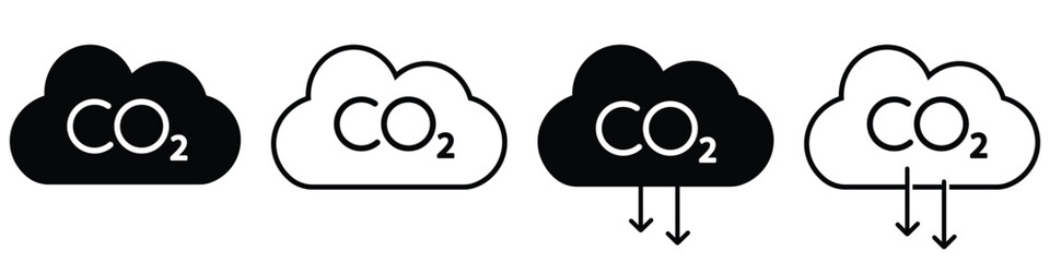 Cloud co2 reduction vector icons. Cloud co2 symbol with down arrow vector outline and silhouette icon set. Reduce co2 gas icon set. carbon reduction cloud sign. Vector illustration.