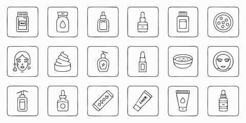 Simple line art illustrations of various skincare products and facial treatments