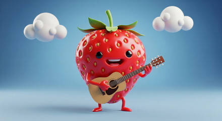 Fototapeta premium Cheerful cartoon strawberry playing the guitar, 3D rendering