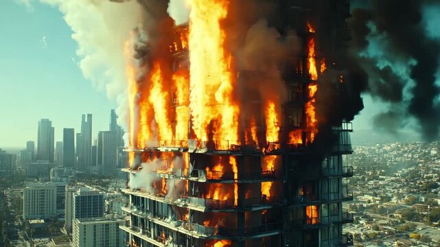 A large fire erupts in a high rise building, consuming multiple floors and emitting significant smoke over an urban landscape
