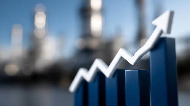 Oil industry concept with refinery background, crude barrels, and data overlays depicting financial analytics, investment growth, and global energy demand, perfect for banners and business themes, 

