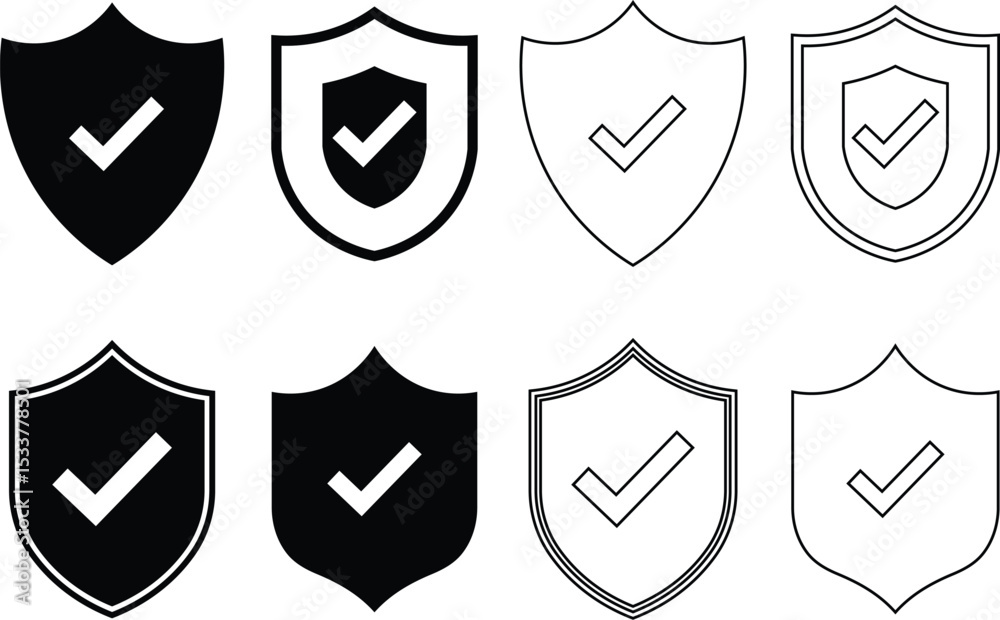 Poster collection of shield icons featuring check marks representing security and approval